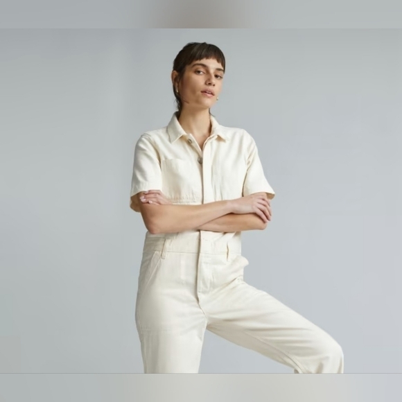 EVERLANE The Short Sleeve Denim Overall In Seeded Ecru Size 6 - Picture 11 of 15